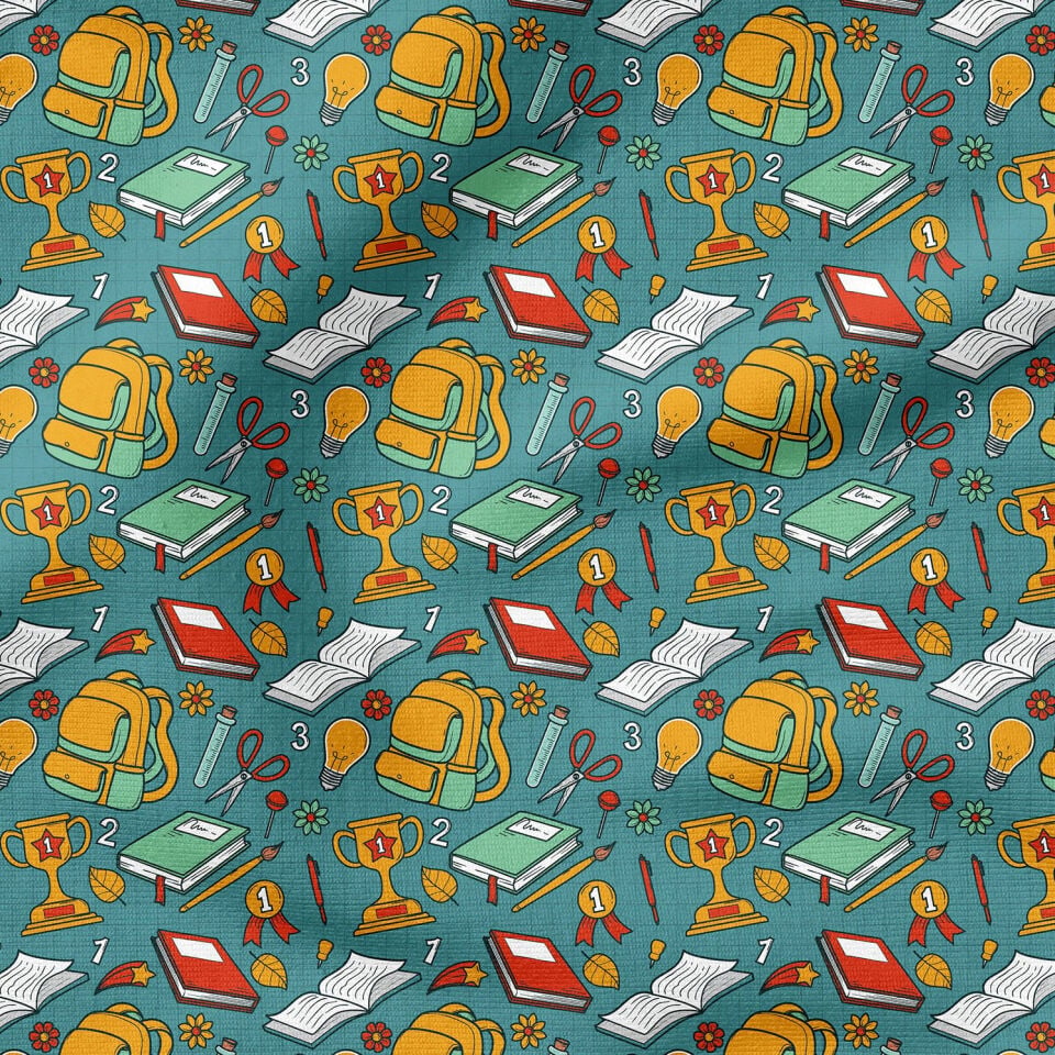 Back to School- Okula dönüş Yeşil Zemin Okul Çantası, Deney Tüpleri, Defter, Makas, Lolipop Desenli Kumaş