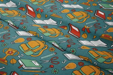 Back to School- Okula dönüş Yeşil Zemin Okul Çantası, Deney Tüpleri, Defter, Makas, Lolipop Desenli Kumaş