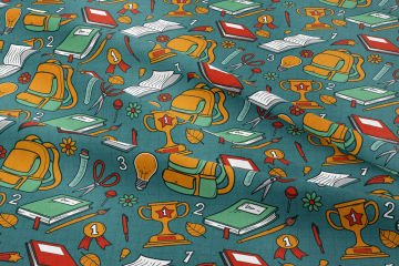 Back to School- Okula dönüş Yeşil Zemin Okul Çantası, Deney Tüpleri, Defter, Makas, Lolipop Desenli Kumaş
