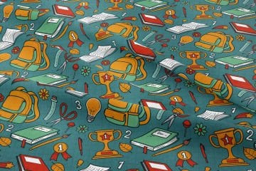 Back to School- Okula dönüş Yeşil Zemin Okul Çantası, Deney Tüpleri, Defter, Makas, Lolipop Desenli Kumaş