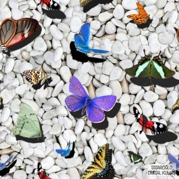 Fabric with Butterflies Flying on White Pebbles Pattern-ÇT2934