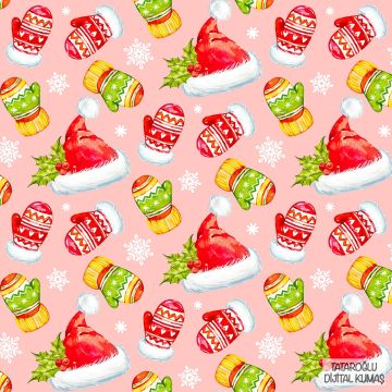 Pembe Zemin Üzerine Kırmızı Yeşil Sarı Renkli Şapkalı, Eldiven Desenli Kumaş(SONBAHAR İNDİRİMİ)