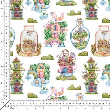 Beyaz Zemin Üzerine Sevimli Evler Dijital Baskılı Kumaş