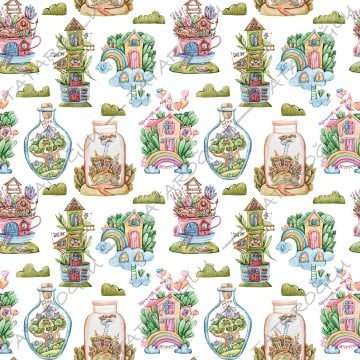 Cute Houses Digital Printed Fabric on White Background