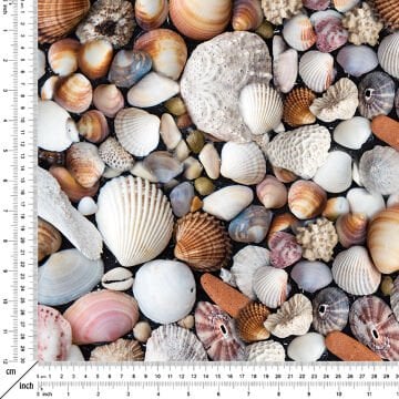 Deniz Kabuğu Desenli Kumaş Doğal Deniz Kabukları Desenli, Sahil Temalı Kumaş, Coastal Dekor Kumaşı, Yazlık Kumaş, Metre ile Kumaş