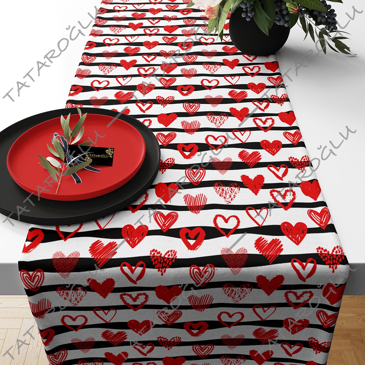 50 cm Runner Fabric with Red Heart Pattern on Black and White Striped Background