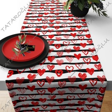 50 cm Runner Fabric with Red Heart Pattern on Black and White Striped Background