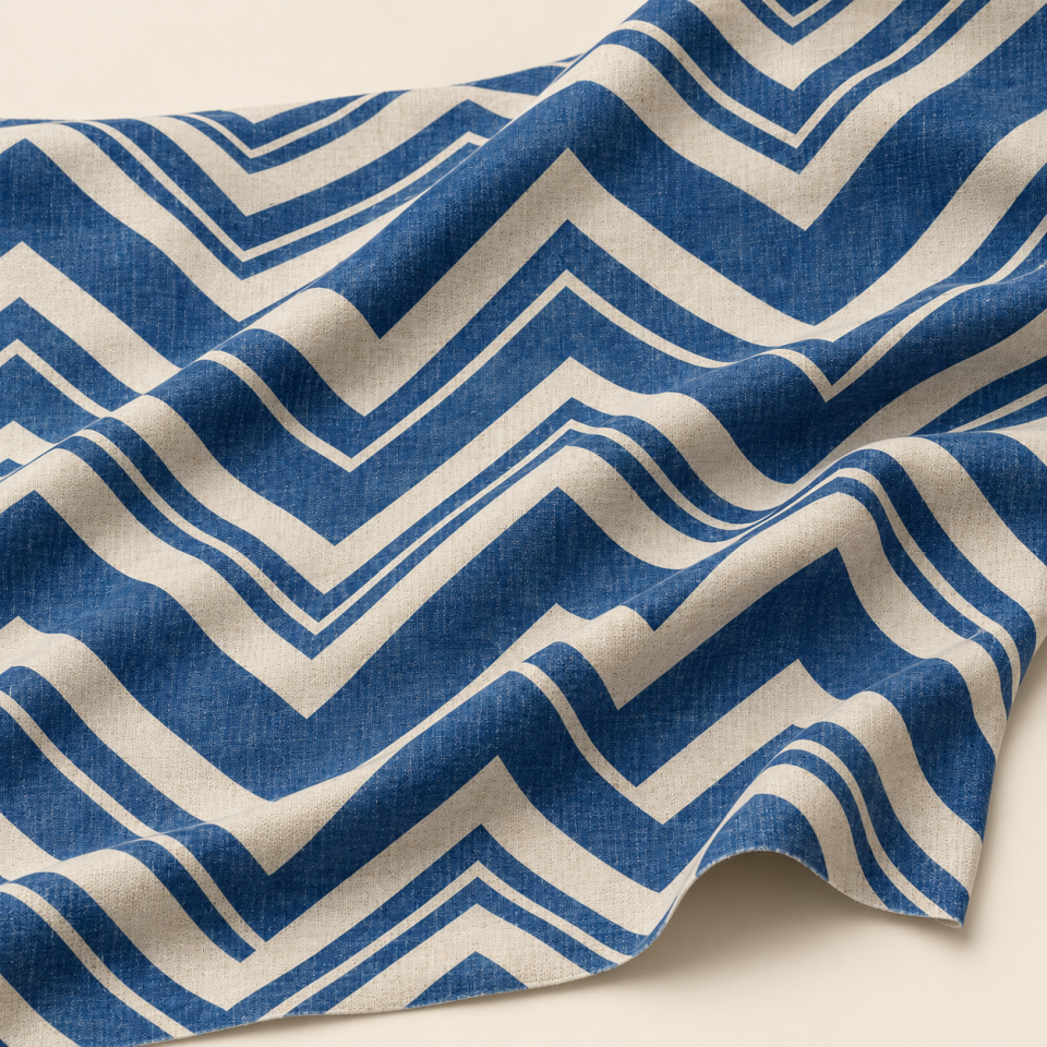 Mavi Chevron Desenli Kumaş – Krem Zigzag Geometrik Kumaş