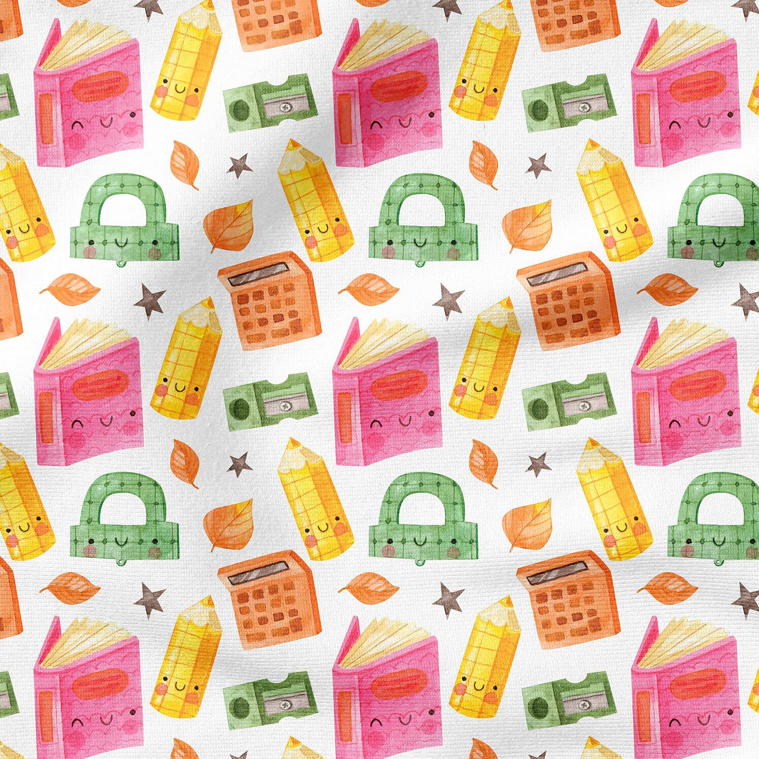 Back to School- Okula dönüş Beyaz Zemin Neşeli Okul Malzemeleri, Gülümseyen Kalem, Pembe Defter, Kalemtraş, Hesap Makinesi, Gönye Desenli Kumaş