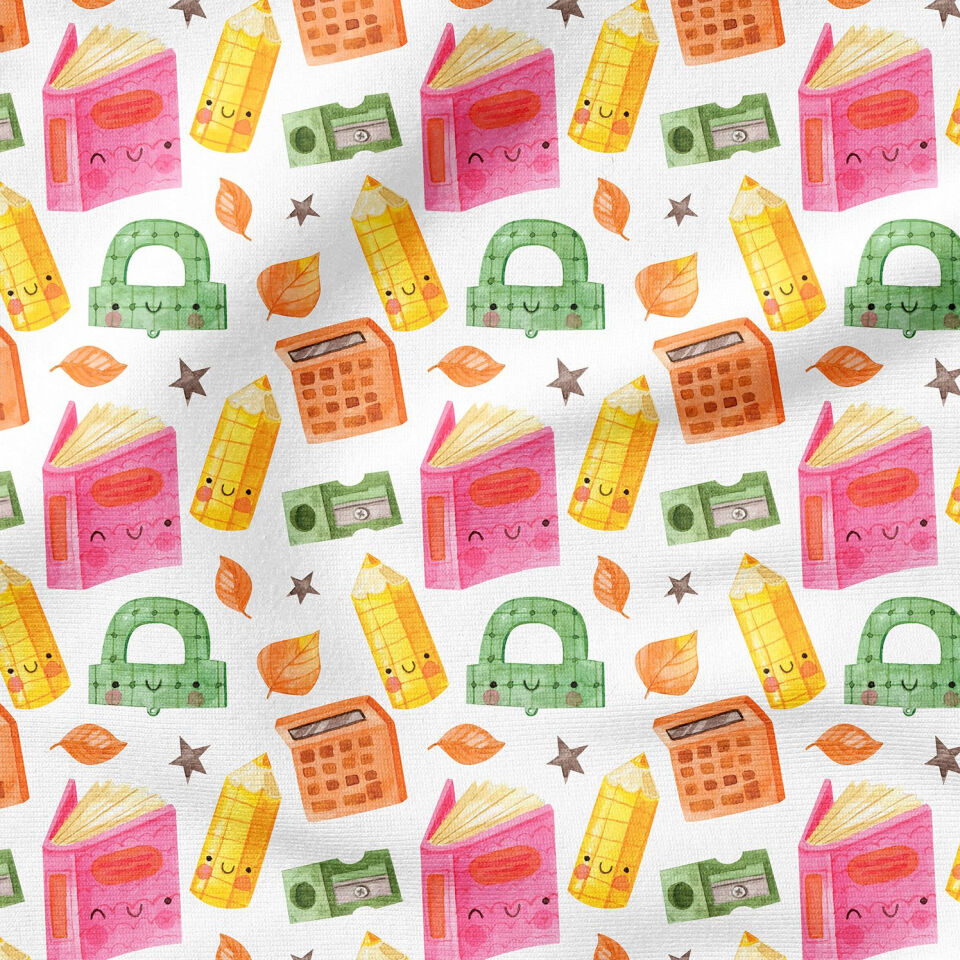 Back to School- Okula dönüş Beyaz Zemin Neşeli Okul Malzemeleri, Gülümseyen Kalem, Pembe Defter, Kalemtraş, Hesap Makinesi, Gönye Desenli Kumaş