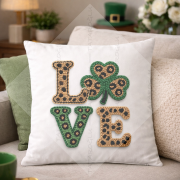 St. Patrick’s Day LOVE Shamrock Kırlent Paneli – Leopar Desenli 45x45 cm Dijital Baskı Mikro Petek Kumaş
