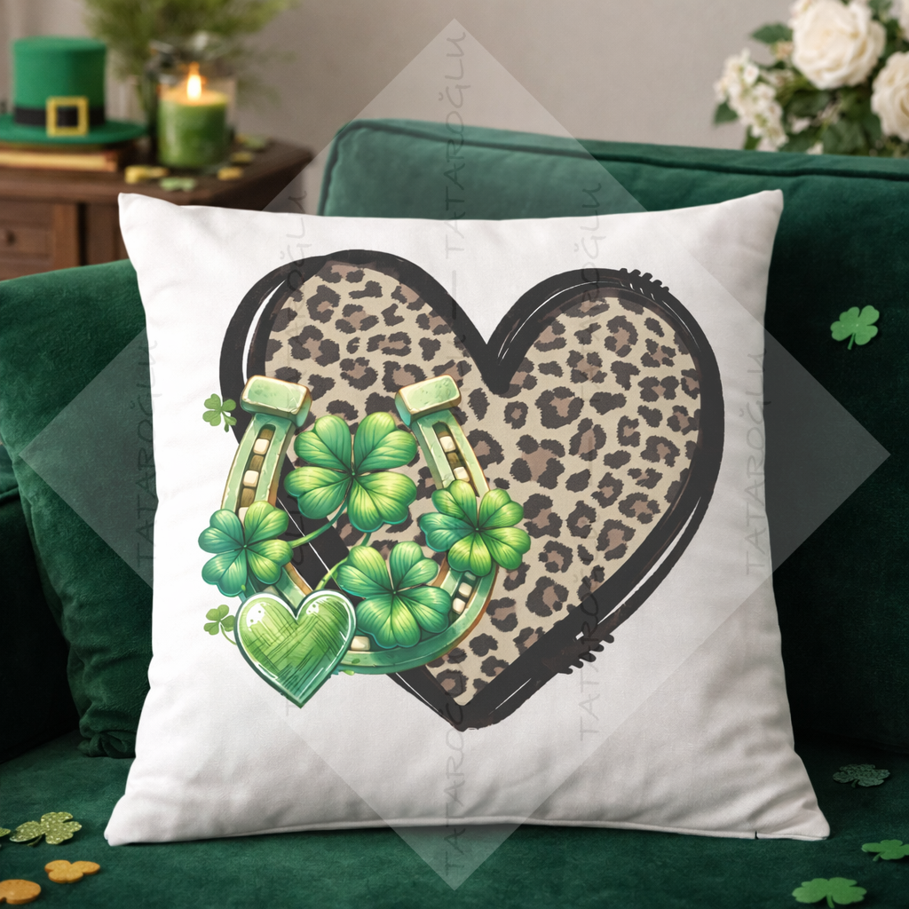 St. Patrick’s Day Leopar Kalp & Shamrock Kırlent Paneli – 45x45 cm Mikro Petek Dijital Baskı Kumaş