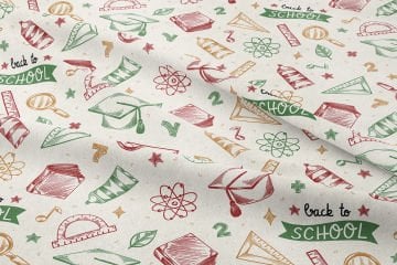 Back to School- Okula dönüş, Renkli Okul Malzemeleri, Sarı Cetvel, Yeşil Gönye, Kırmızı Büyüteç, Yeşil Okul Kepi, Renkli Sayılar,  Yıldızlar, Sarı Uhular, Amblem Yazılı Kumaş