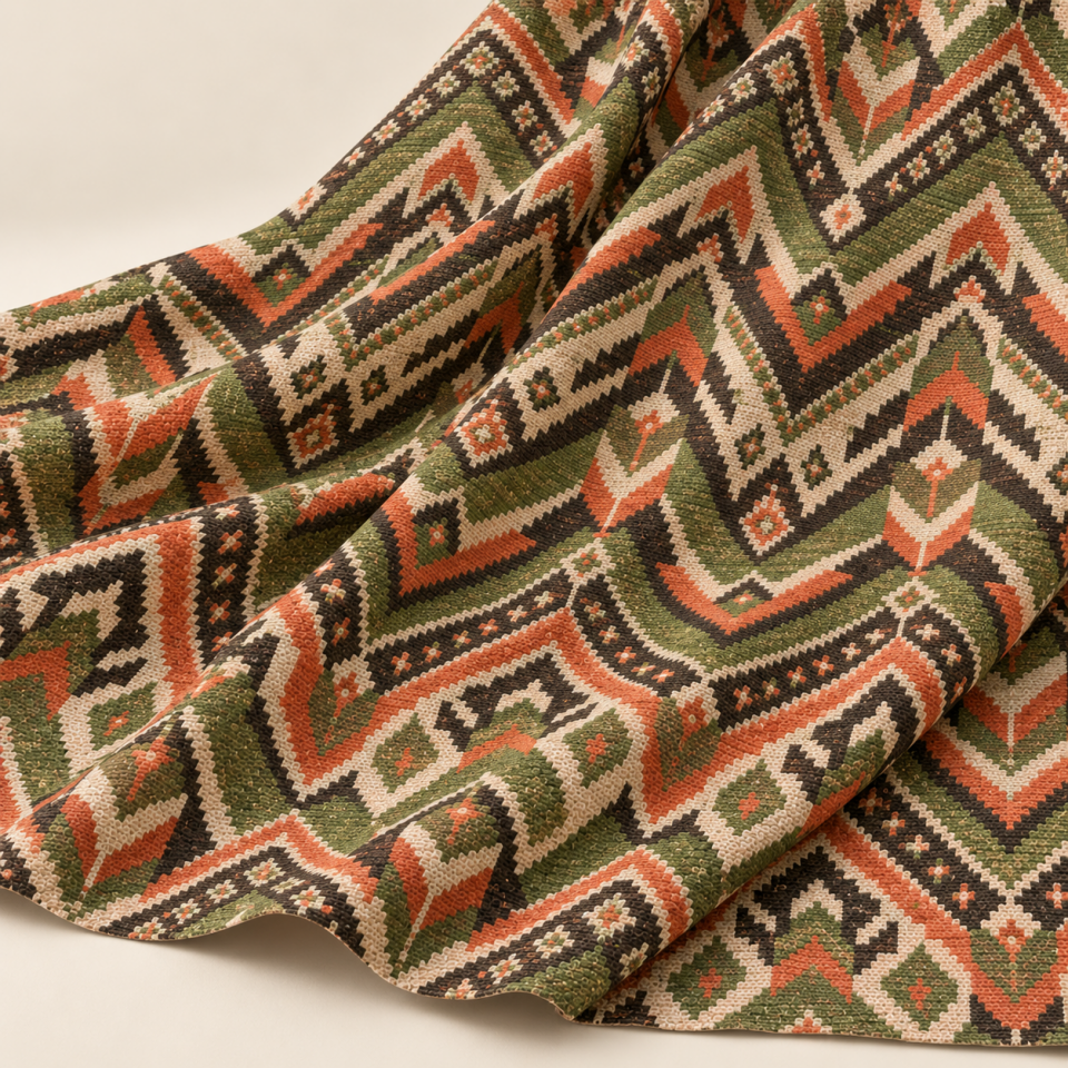 Etnik Kilim Kumaş – Yeşil Turuncu Bohem Geometrik Kumaş