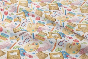 Back to School- Okula dönüş, Renkli Okul Malzemeleri, Sulu boyalar, Kırmızı Gözlükler, Renkli Boya Kalemleri, Sarı Defterler, Öğle Yemeği Paketleri, Yapraklı, Ataçlı Kumaş