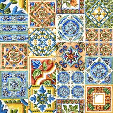 Kareler İçinde Çini Desenli Dijital Baskılı Kumaş