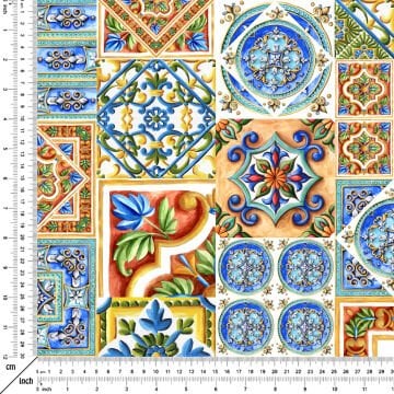 Kareler İçinde Çini Desenli Dijital Baskılı Kumaş