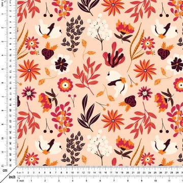 Autumn Leaves, White Buds, Stylized Flowers