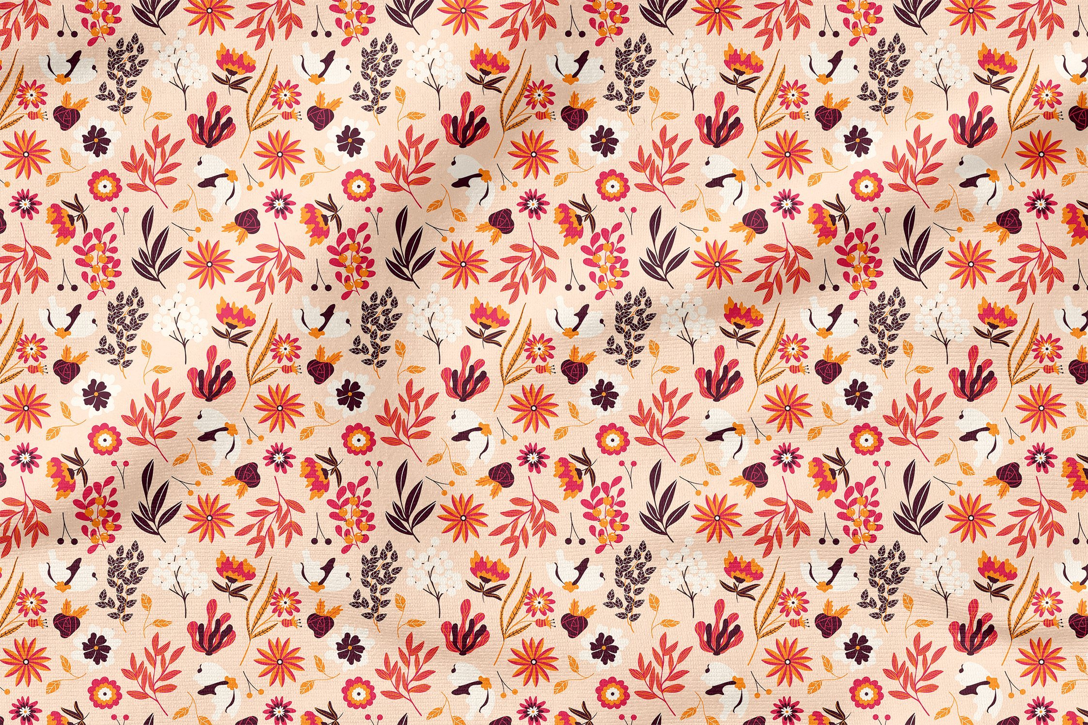 Autumn Leaves, White Buds, Stylized Flowers