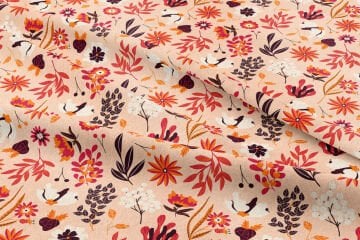 Autumn Leaves, White Buds, Stylized Flowers