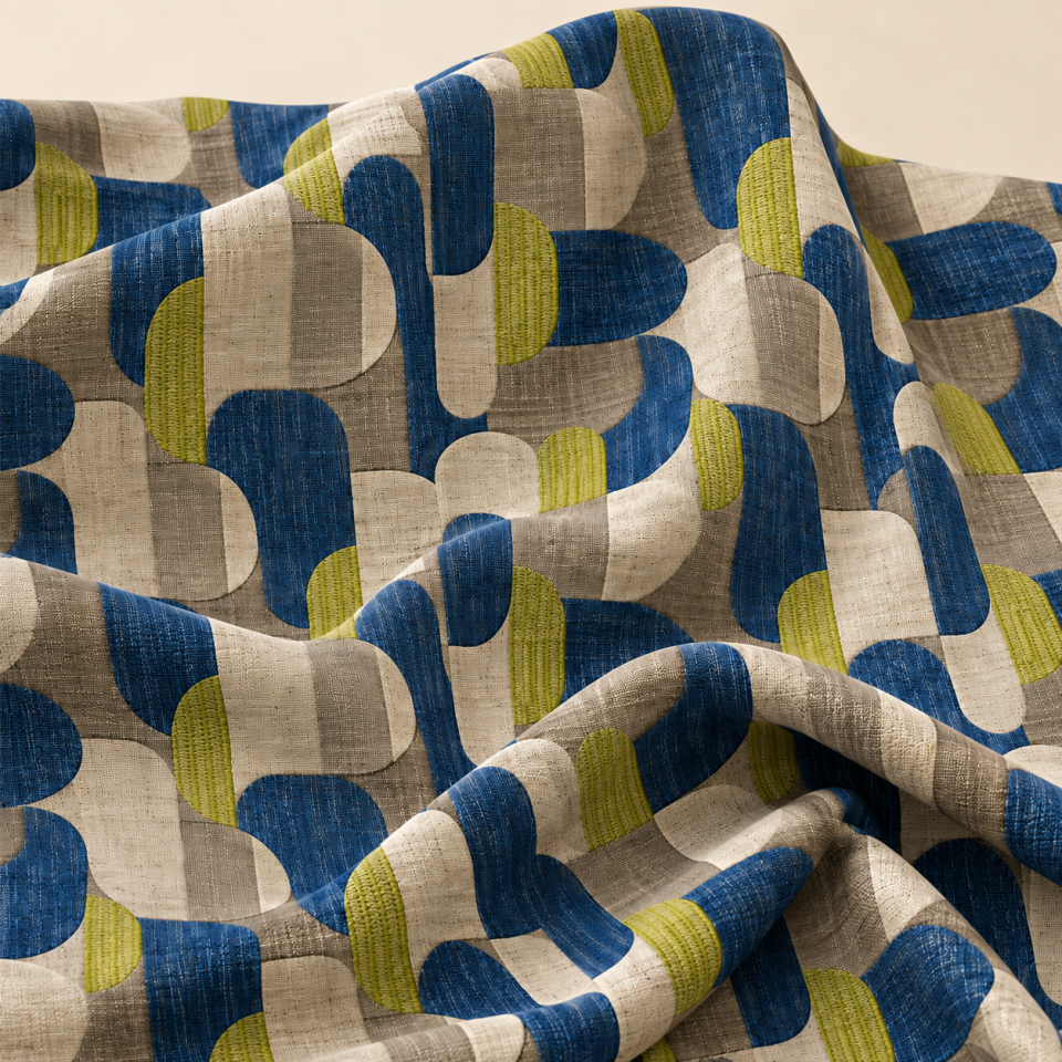 Geometrik Desenli Kumaş – Mavi Yeşil Retro Modern Dekoratif Kumaş