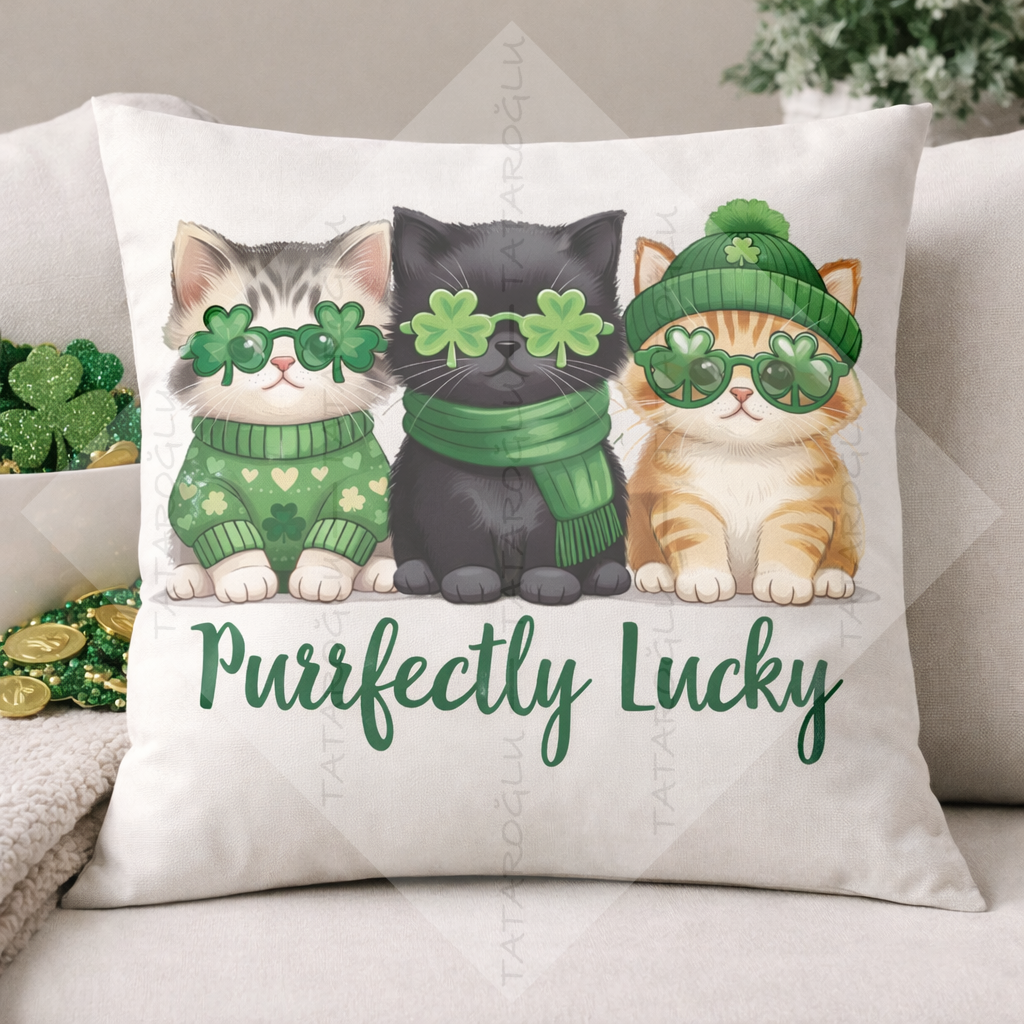 Purrfectly Lucky Kedili 2’li Kırlent Paneli 45x45 cm – Dikilmemiş Petek Dokulu Polyester Kumaş