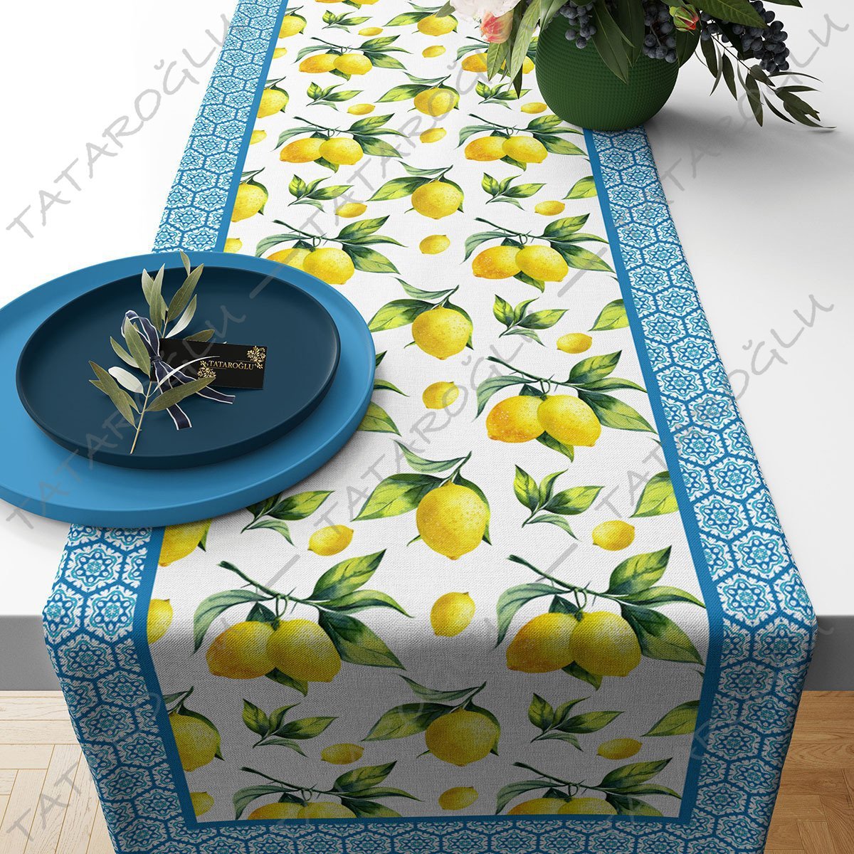 50 cm'lik Runner Çinili Limon Desenli Kumaş(SONBAHAR İNDİRİMİ)