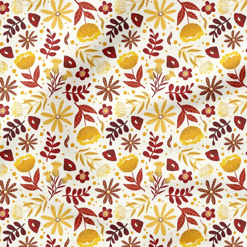 Sonbahar Yaprakları ve Sarı, Bordo Tonlu Stilize Çiçekler
