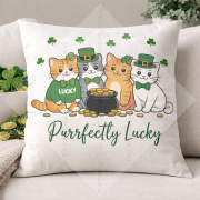 Purrfectly Lucky Kedili 2’li Kırlent Paneli 45x45 cm – Dikilmemiş Petek Dokulu Polyester Kumaş