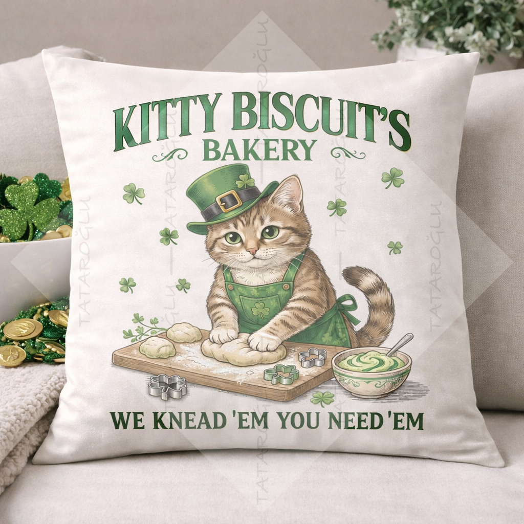Kitty Biscuit’s Bakery Kedili 2’li Kırlent Paneli 45x45 cm – Dikilmemiş Petek Dokulu Polyester Kumaş