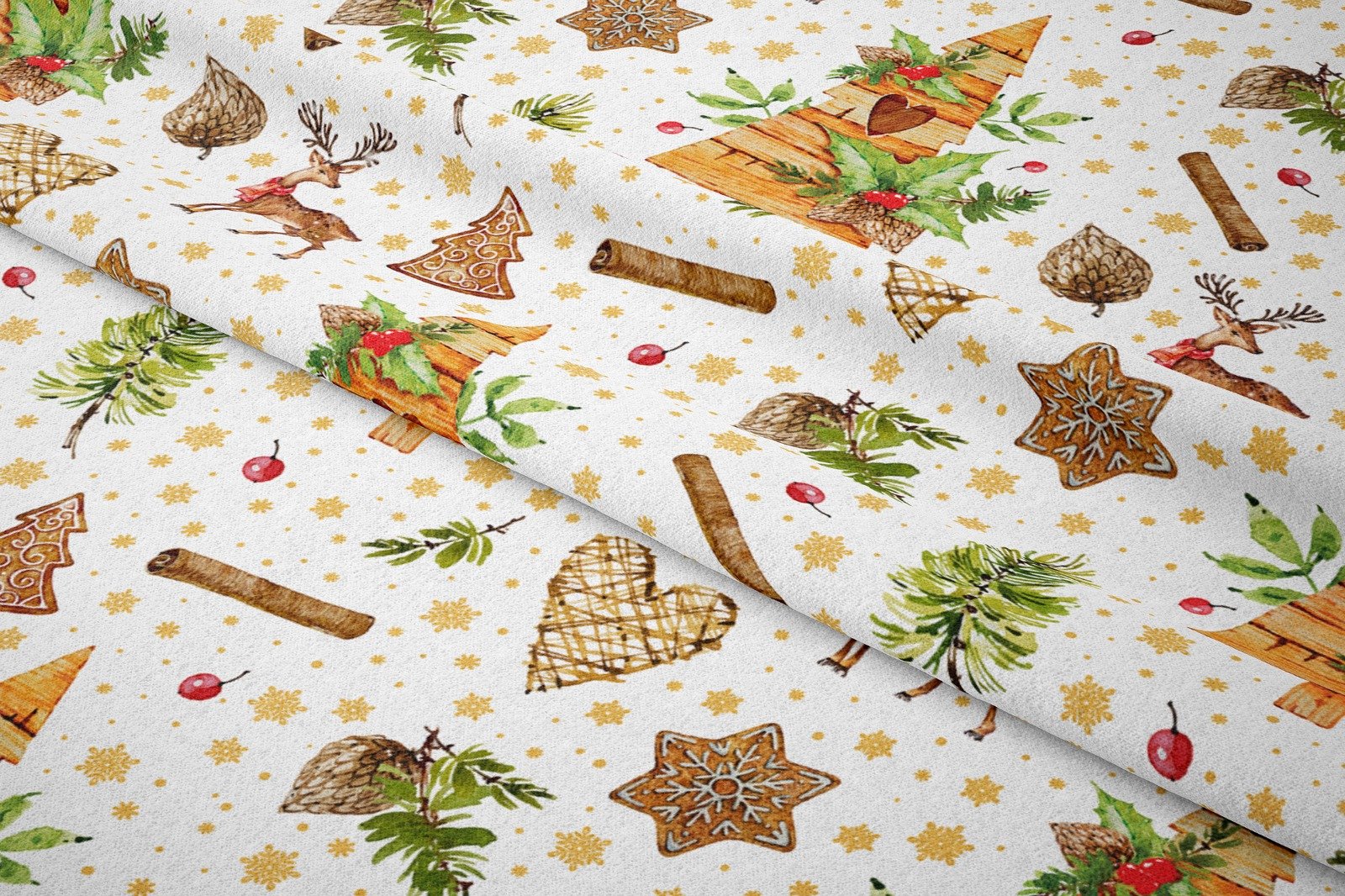Christmas Collection - Winter Wonder Collection, Christmas Vintage Wooden Trees, Vintage Letters, Tree Shaped Cookies, Green Feather Tree Leaves, Snowflake Cookies, Red Cherries, Stars, Pine Cone Figured Fabric
