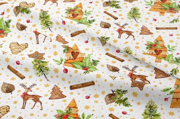Christmas Collection - Winter Wonder Collection, Christmas Vintage Wooden Trees, Vintage Letters, Tree Shaped Cookies, Green Feather Tree Leaves, Snowflake Cookies, Red Cherries, Stars, Pine Cone Figured Fabric
