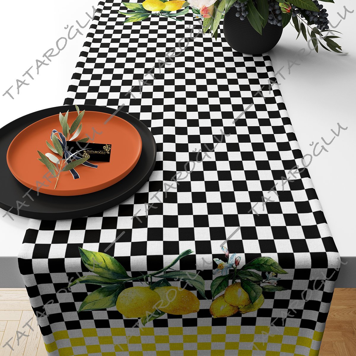 50 cm'lik Runer Kareli Zeminli Limon Desenli Kumaş(SONBAHAR İNDİRİMİ)