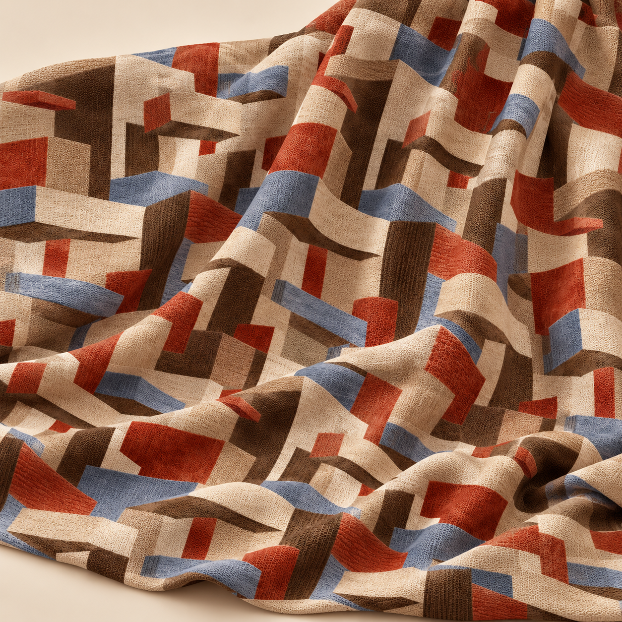 3D Geometrik Kumaş – Kiremit Mavi Modern Blok Desenli Kumaş