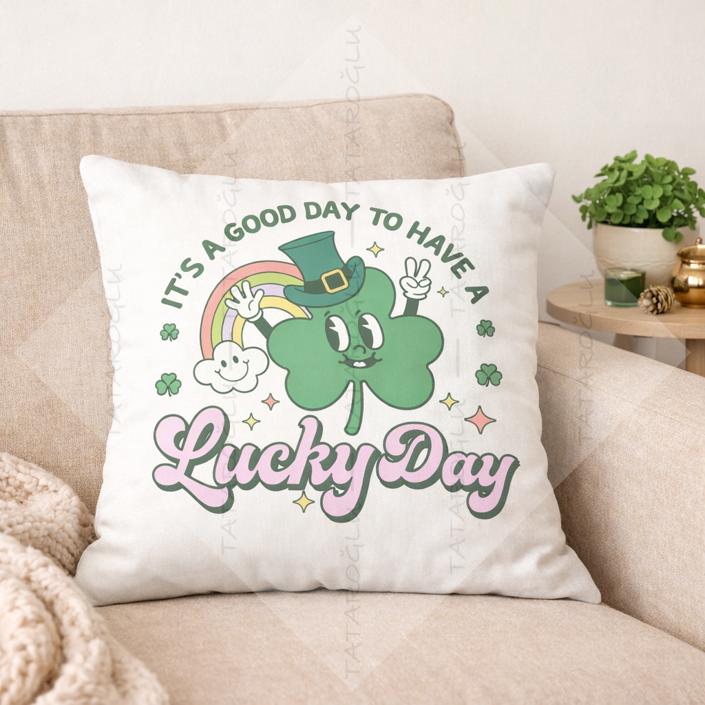 Lucky Day Yazılı Yonca Temalı 2’li Kırlent Paneli 45x45 cm – Dikilmemiş Petek Dokulu Polyester Kumaş