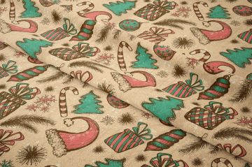 Winter Wonder Collection, Yılbaşı Retro El Çizimi Yılbaşı Çam Ağacı Süsleri,Baston Şeker Desenli Kumaş(SONBAHAR İNDİRİMİ)