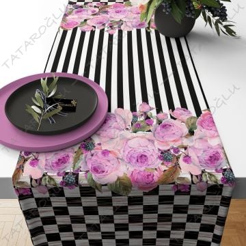 50 cm'lik Runner Dama ve Çizgili Pembe Efektli Çiçekli Dijital Baskılı Kumaş(SONBAHAR İNDİRİMİ)