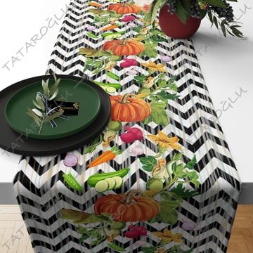 50 cm'lik Runner Siyah Beyaz Zigzag Efektli Kabak Desenli Kumaş(SONBAHAR İNDİRİMİ)
