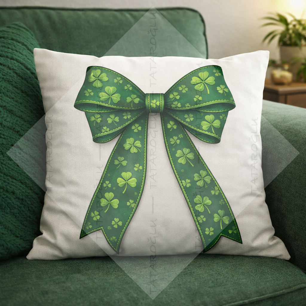 St. Patrick Yeşil Yonca Kurdele 45x45 2’li Kırlent Paneli | Petek Dokulu Polyester Kumaş