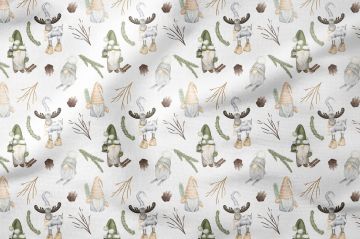Yılbaşı Koleksiyonu- Winter Wonder Collection, Yılbaşı Beyaz Zemin Üzerine Renkli Elf Desenleri, Noel Cüceleri, Çalılar, Şapkalı Renkli Geyikler, Kahverengi Kozalak Desenli Kumaş