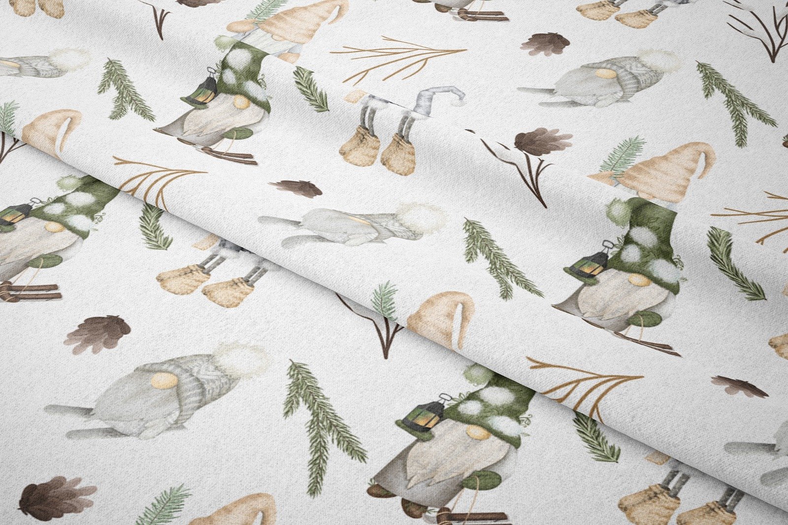 Yılbaşı Koleksiyonu- Winter Wonder Collection, Yılbaşı Beyaz Zemin Üzerine Renkli Elf Desenleri, Noel Cüceleri, Çalılar, Şapkalı Renkli Geyikler, Kahverengi Kozalak Desenli Kumaş