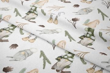 Yılbaşı Koleksiyonu- Winter Wonder Collection, Yılbaşı Beyaz Zemin Üzerine Renkli Elf Desenleri, Noel Cüceleri, Çalılar, Şapkalı Renkli Geyikler, Kahverengi Kozalak Desenli Kumaş