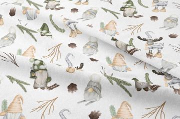 Yılbaşı Koleksiyonu- Winter Wonder Collection, Yılbaşı Beyaz Zemin Üzerine Renkli Elf Desenleri, Noel Cüceleri, Çalılar, Şapkalı Renkli Geyikler, Kahverengi Kozalak Desenli Kumaş