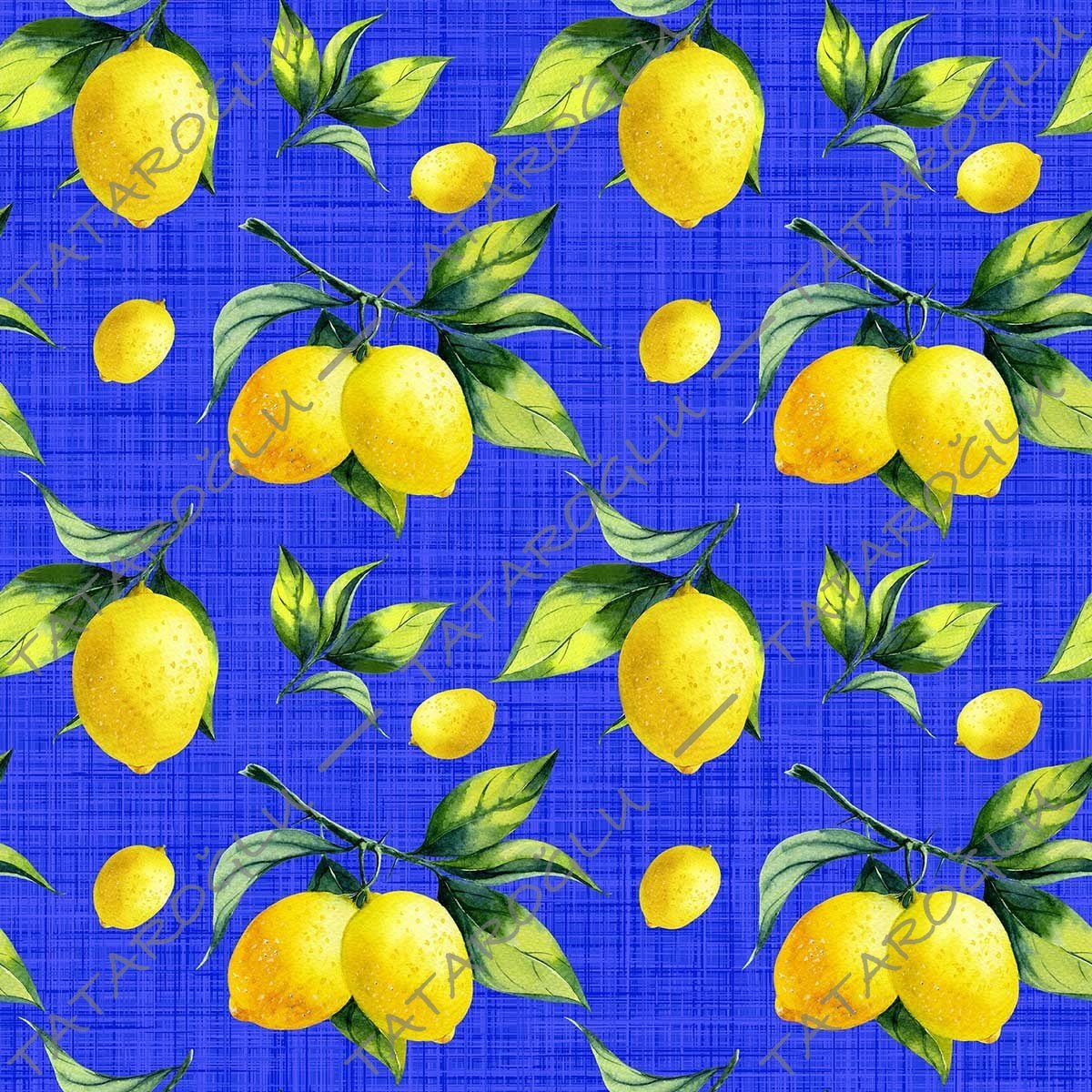 Limon Serisi-Lacivert Keten Efektli Zemin Üzerine Sarı Limonlu Dijital Baskılı Kumaş(SONBAHAR İNDİRİMİ)