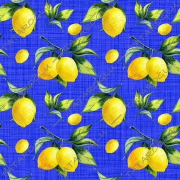 Limon Serisi-Lacivert Keten Efektli Zemin Üzerine Sarı Limonlu Dijital Baskılı Kumaş(SONBAHAR İNDİRİMİ)