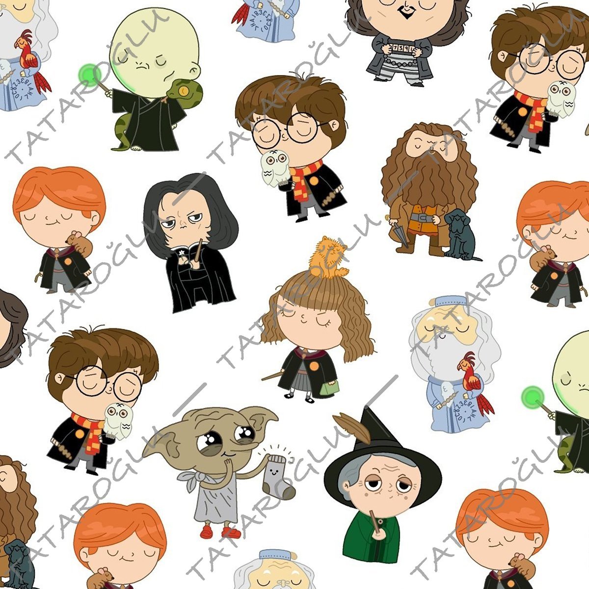Beyaz Zemine Sevimli Harry Potter Karakterleri Desenli Kumaş-HR4973