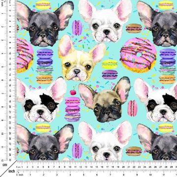 Turkuaz Zemin Üzerine French Bulldog Desenli Kumaş(SONBAHAR İNDİRİMİ)
