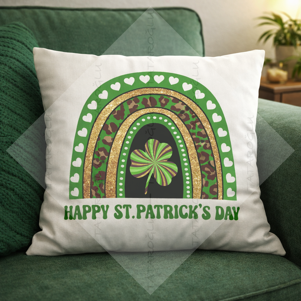 Happy St. Patrick’s Day 45x45 2’li Kırlent Paneli | Gökkuşağı Yonca Polyester Kumaş