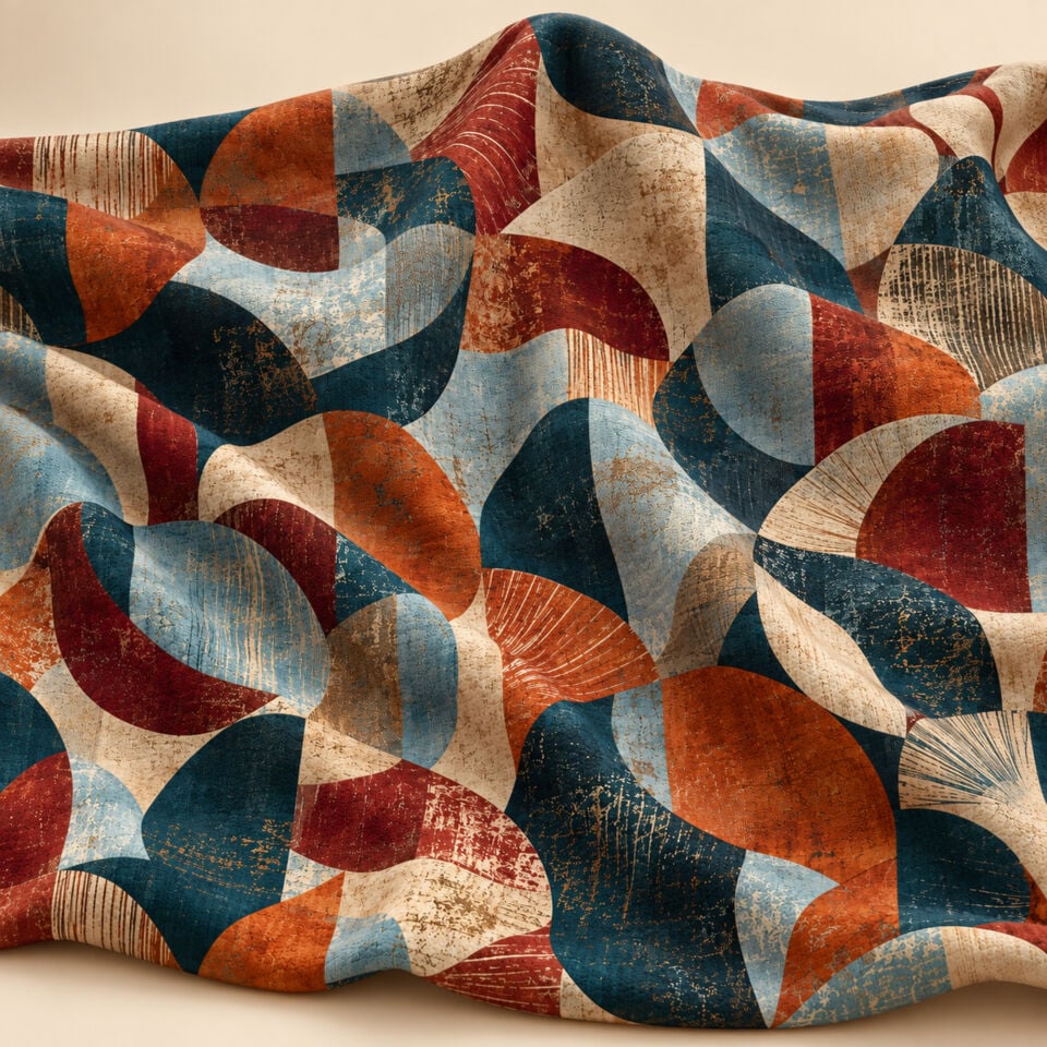 Retro Geometrik Kumaş – Petrol Mavi Kiremit Mid-Century Desenli Kumaş