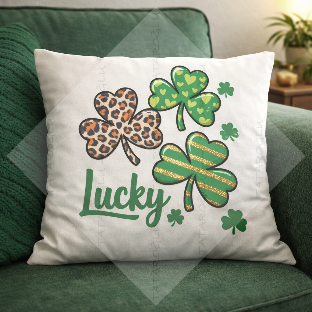 Lucky Yonca 45x45 2’li Kırlent Paneli | St. Patrick Desenli Polyester Kumaş